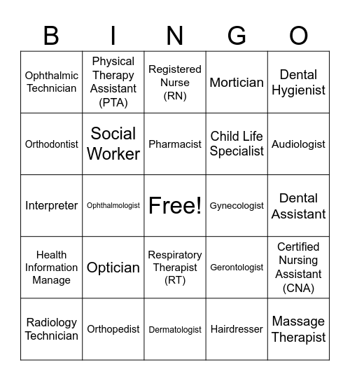 Medical Careers Bingo Card