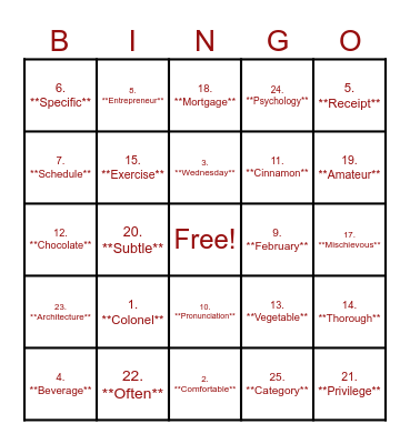 Mispronounced Words Bingo Card