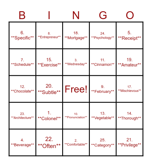 Mispronounced Words Bingo Card