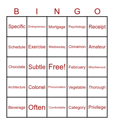 Mispronounced Words Bingo Card
