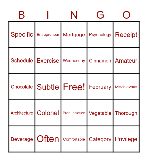 Mispronounced Words Bingo Card