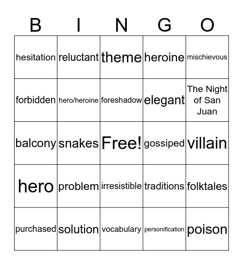 Week 5 Vocabulary Bingo Card