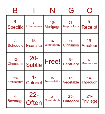 Mispronounced Words Bingo Card