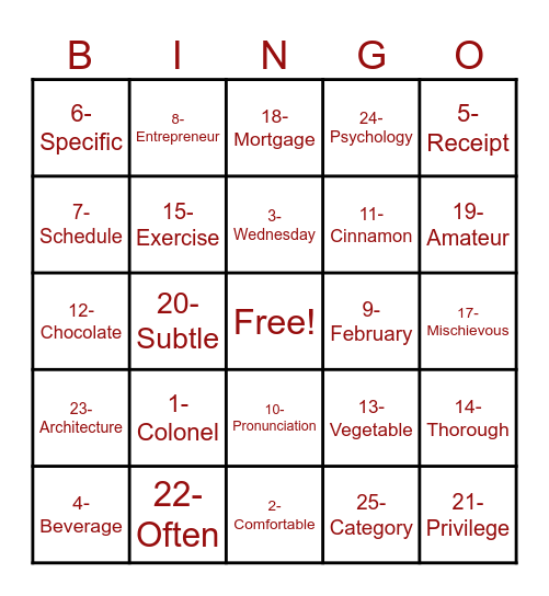 Mispronounced Words Bingo Card