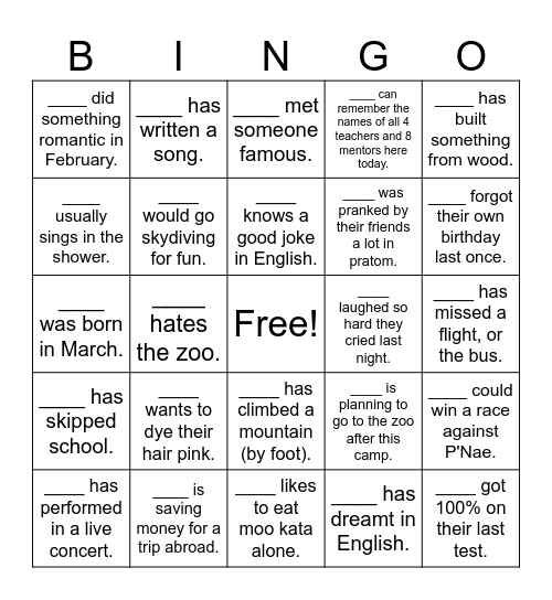 Human Bingo: A mingling bingo Card