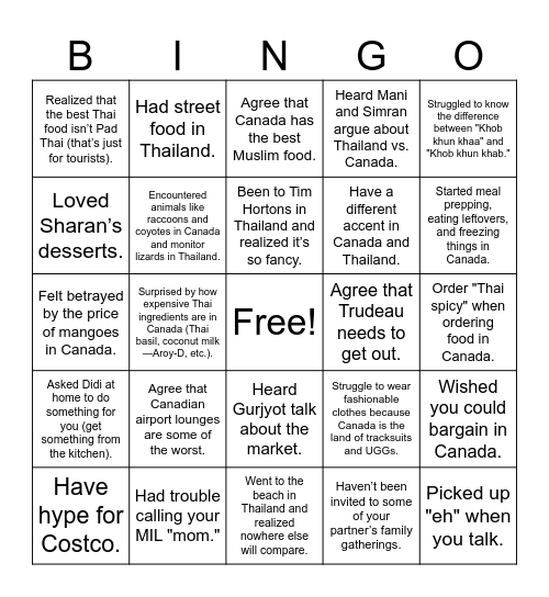 BKK X Thailand Bingo Card