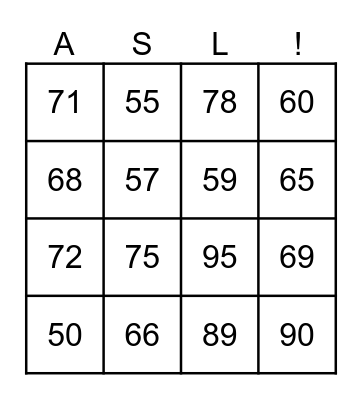 ASL 50 - 99 Bingo Card