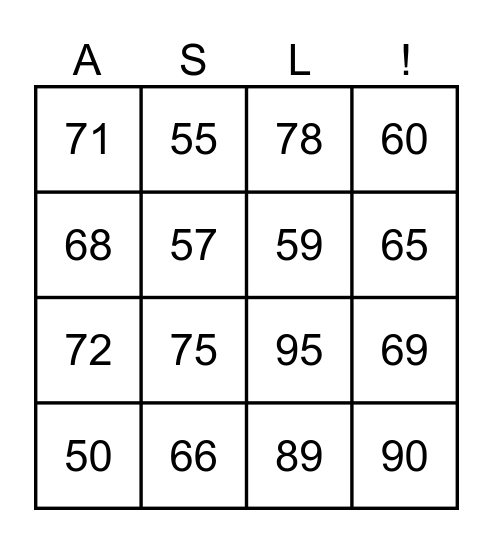 ASL 50 - 99 Bingo Card