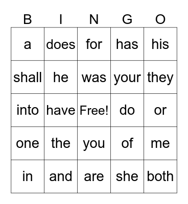 Step 1 Sight Words Bingo Card