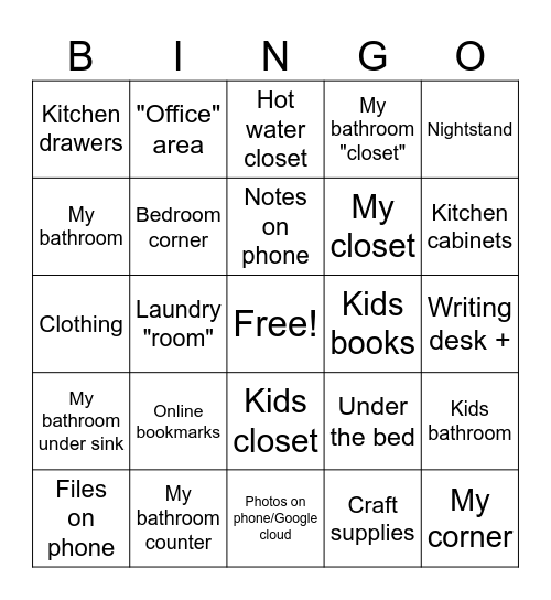 Declutter/Clean/Pack Bingo Card
