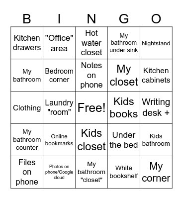 Declutter/Clean/Pack Bingo Card