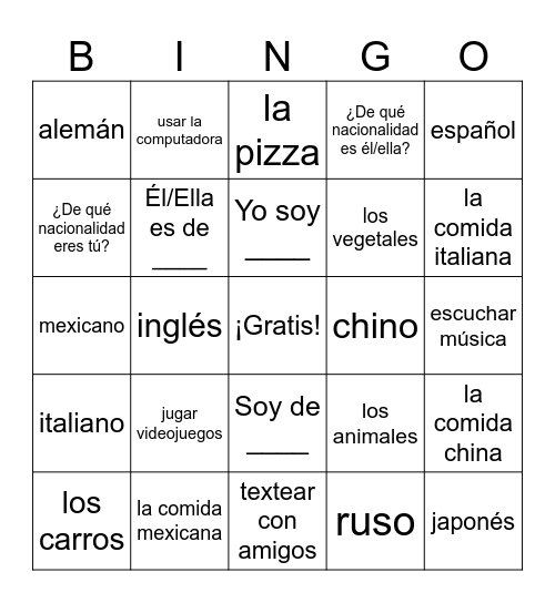 Nacionalidades y Actividades Bingo Card