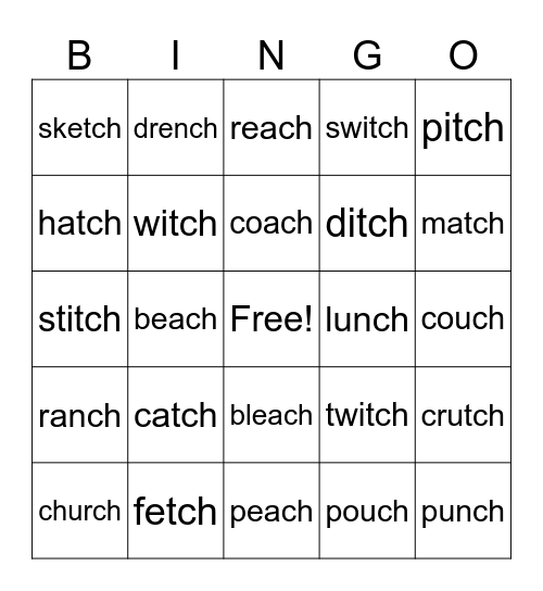 CH and TCH Endings Bingo Card
