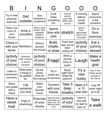March Self Care and Mental Health Challenge Bingo Card