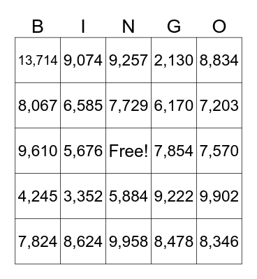 4-Digit Addition Bingo Card
