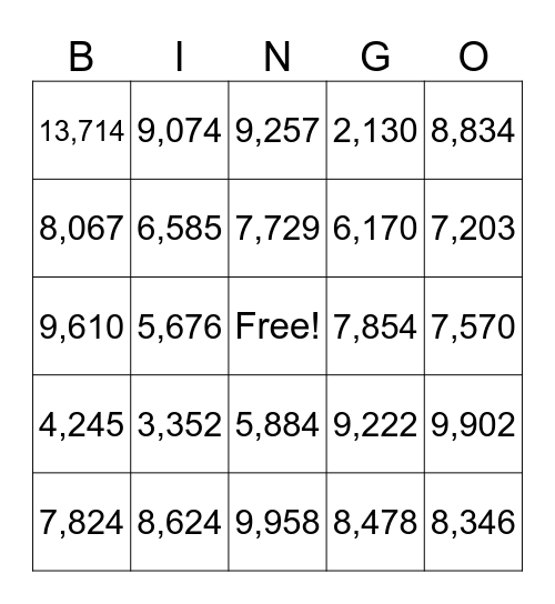4-Digit Addition Bingo Card