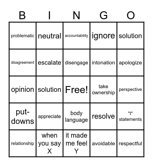 Conflict Resolution Bingo Card