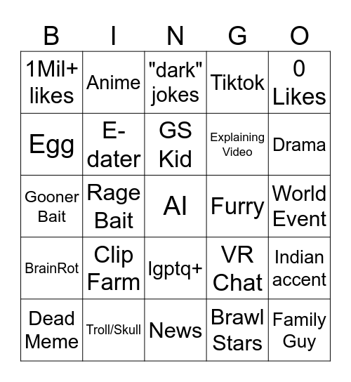 YT shorts bingo Card