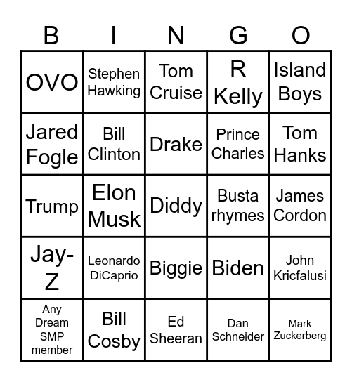 Epstein Island List Bingo Card