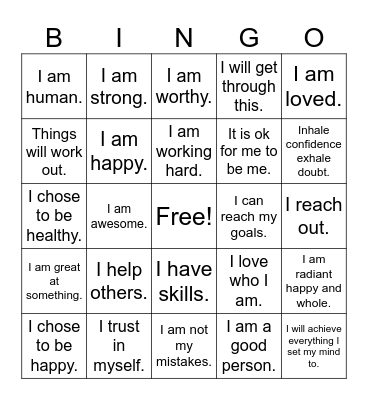 Positive Affirmations Bingo Card