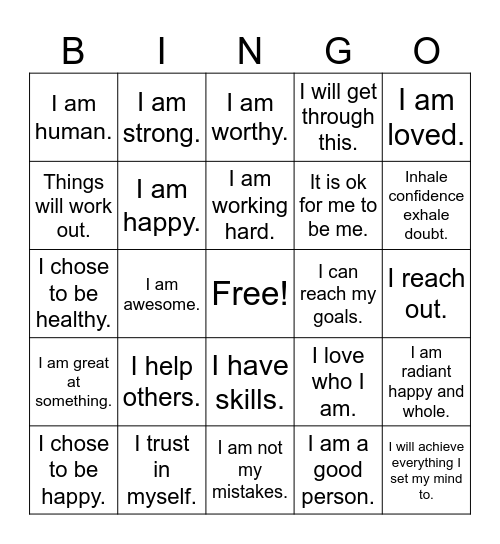 Positive Affirmations Bingo Card