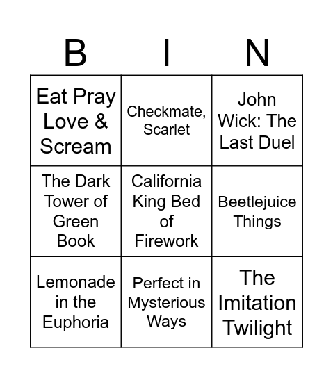 Mash Up Bingo Card