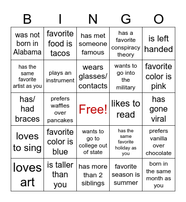 Get to Know You Bingo Card