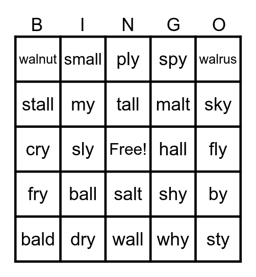 y say long i and a says short o Bingo Card