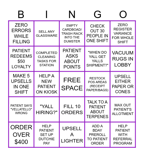 Budtender Bingo Card