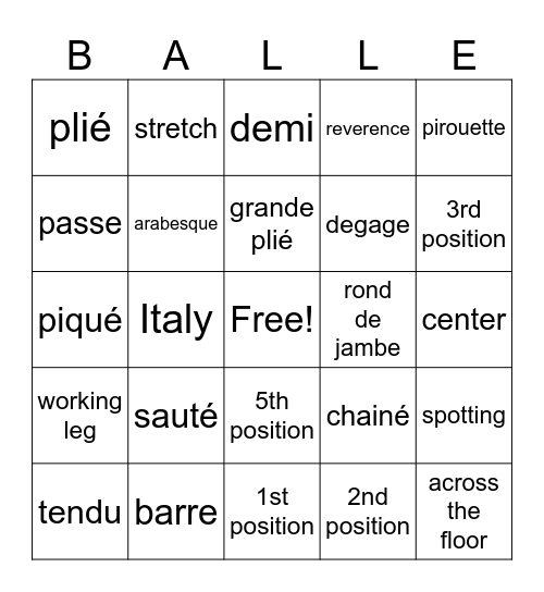 Ballet Bingo Card