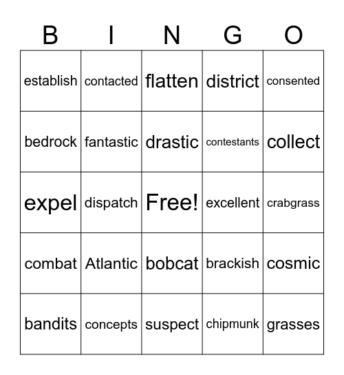 Closed/Closed Multisyllable Bingo Card