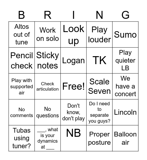 Brings band bingo (bringo) Bingo Card