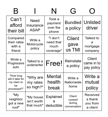 CIG Personal Lines Bingo Card