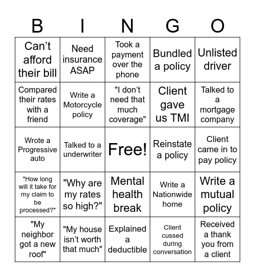 CIG Personal Lines Bingo Card