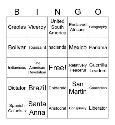 Latin American Independence Bingo Card