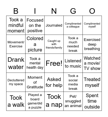 Self Care Bingo Card
