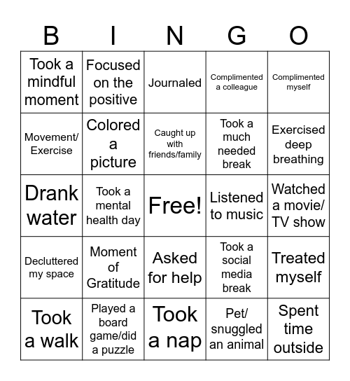 Self Care Bingo Card