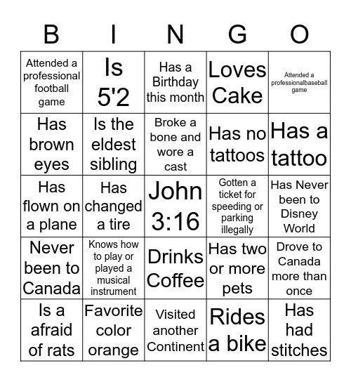 Life Experience Bingo Card