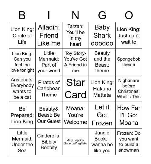 Disney Song Bingo Card