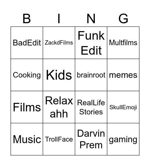 Yt shorts Bingo Card