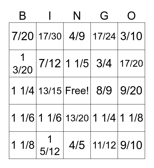 Adding Fractions: Unlike Denominators Bingo Card
