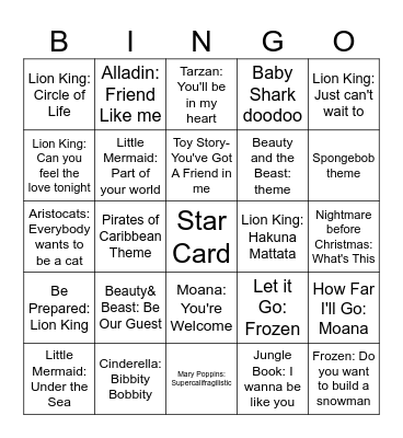 Disney Song Bingo Card