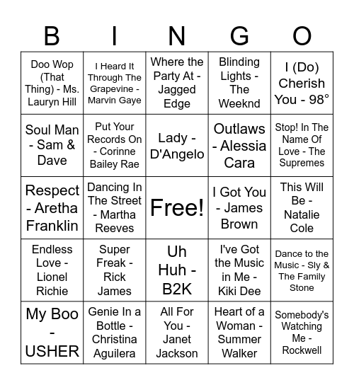 R&B Hits! Bingo Card
