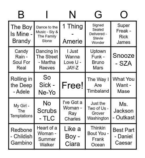R&B Hits! Bingo Card
