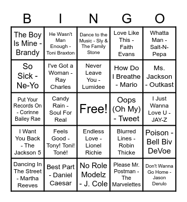 R&B Hits! Bingo Card