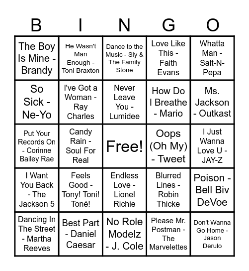 R&B Hits! Bingo Card