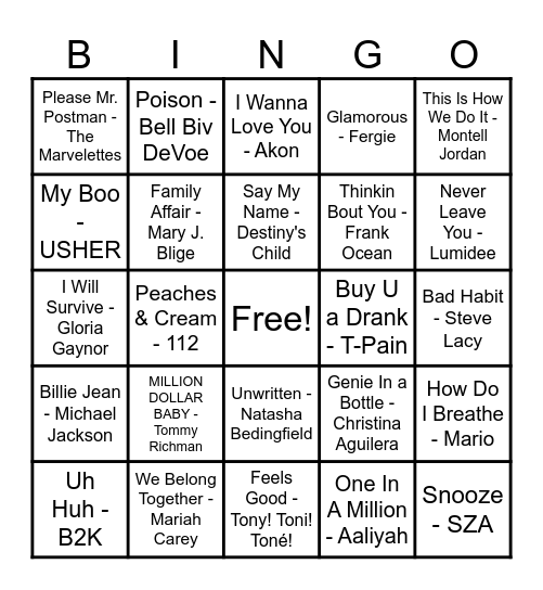 R&B Hits! Bingo Card