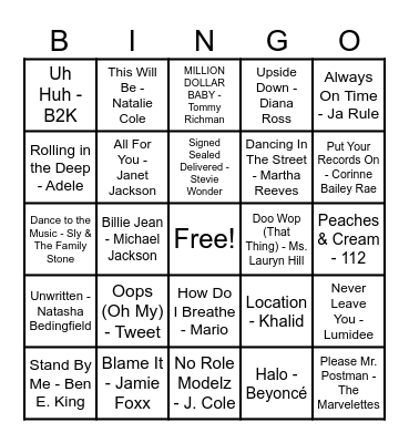 R&B Hits! Bingo Card