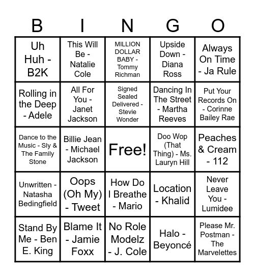 R&B Hits! Bingo Card