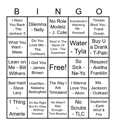 R&B Hits! Bingo Card